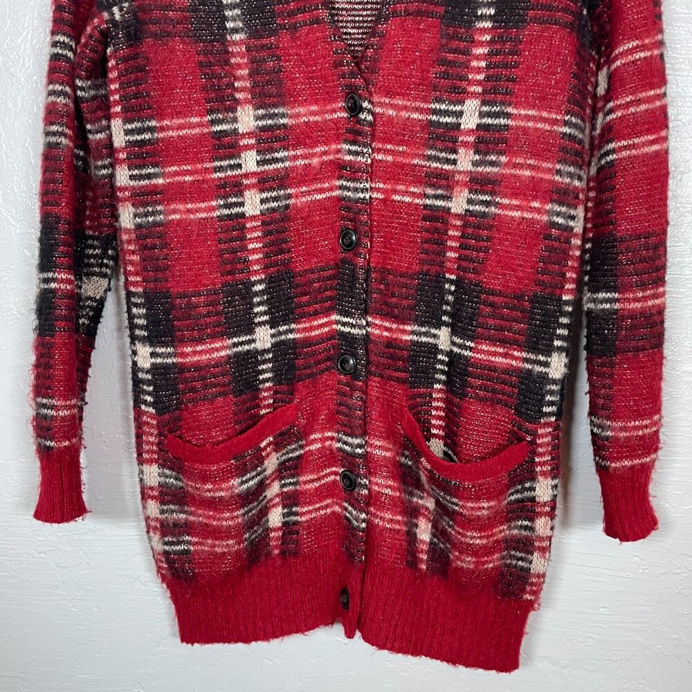Denim & Supply Ralph Lauren Women S Red Black Mohair Wool Blend Plaid Cardigan - Picture 2 of 9
